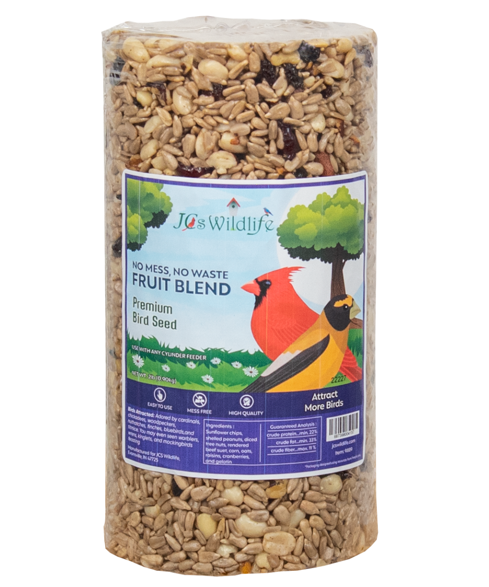 JCs Wildlife No Mess, No Waste Fruit Blend Premium Bird Seed Small Cylinder, 2 lb (12 Count)