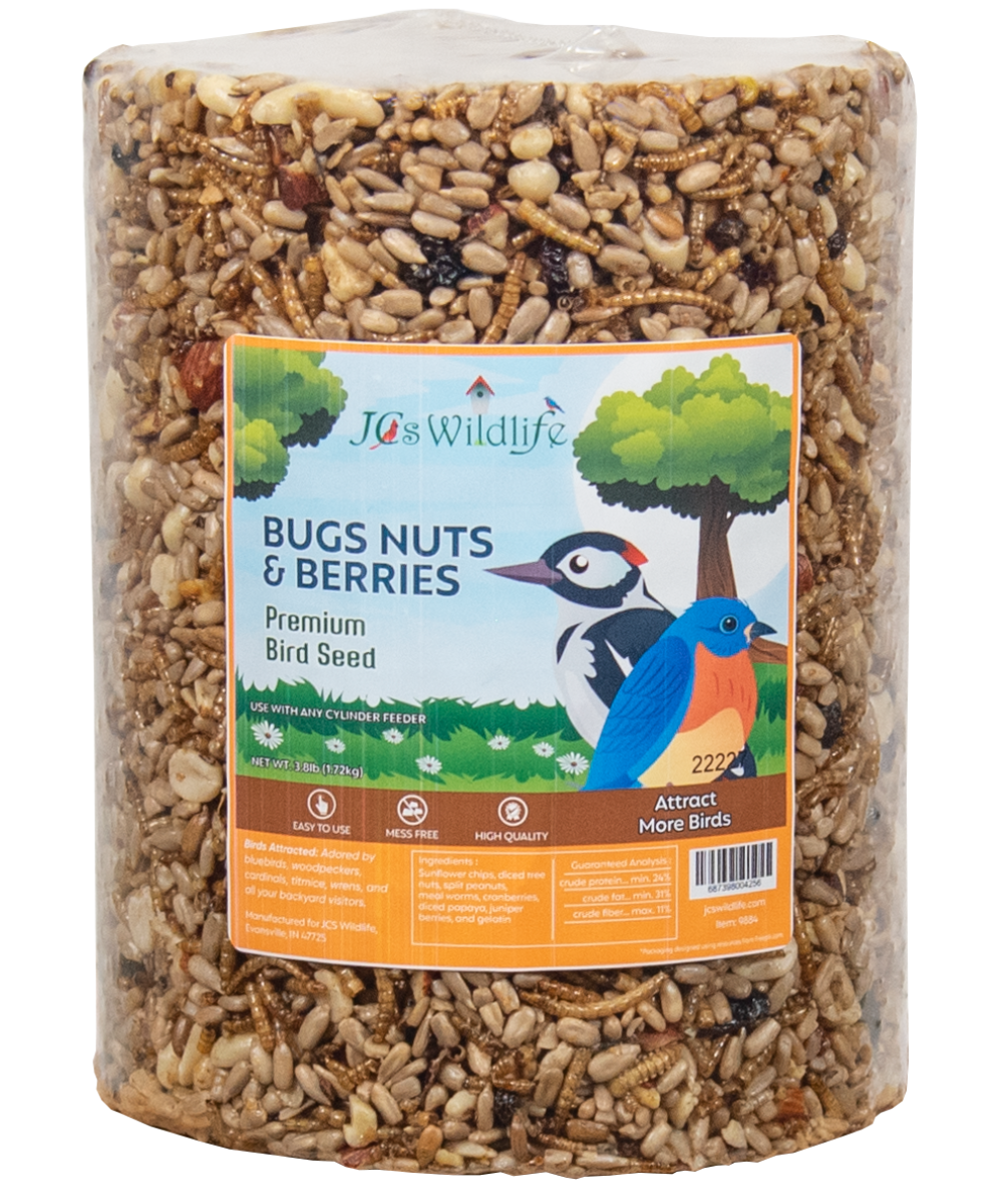 JCs Wildlife Bugs Nuts and Berries Premium Bird Seed Large Cylinder, 3.8 lb (6 Count)