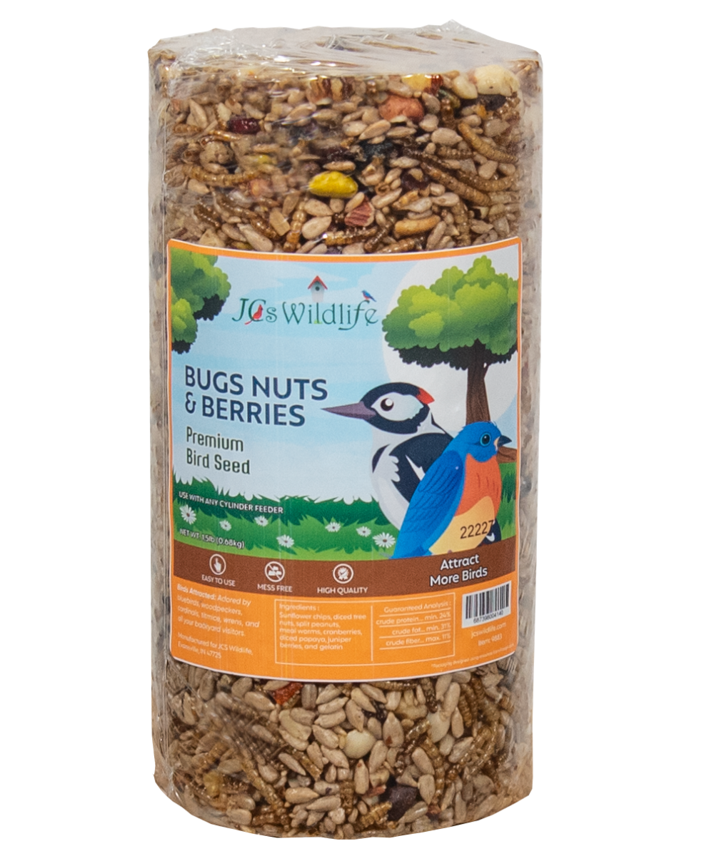 JCs Wildlife Bugs, Nuts and Berries Premium Bird Seed Small Cylinder, 1.5 lb